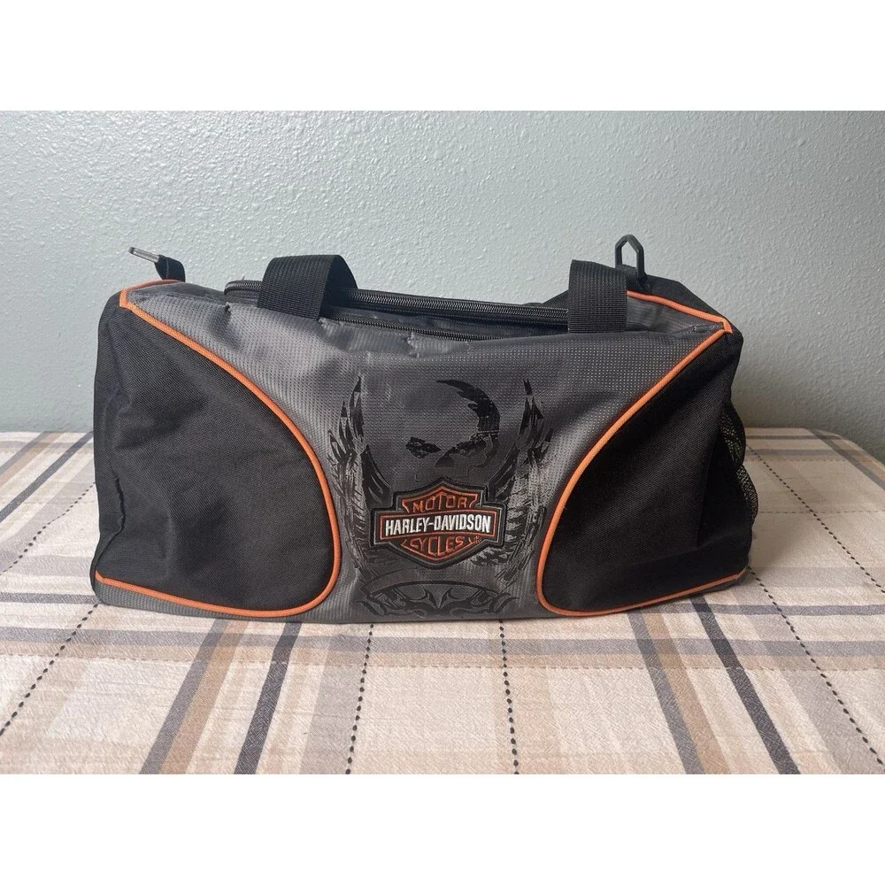 Harley Davidson Motorcycles Duffle Gym Sports Bag Black Orange & Gray Skull